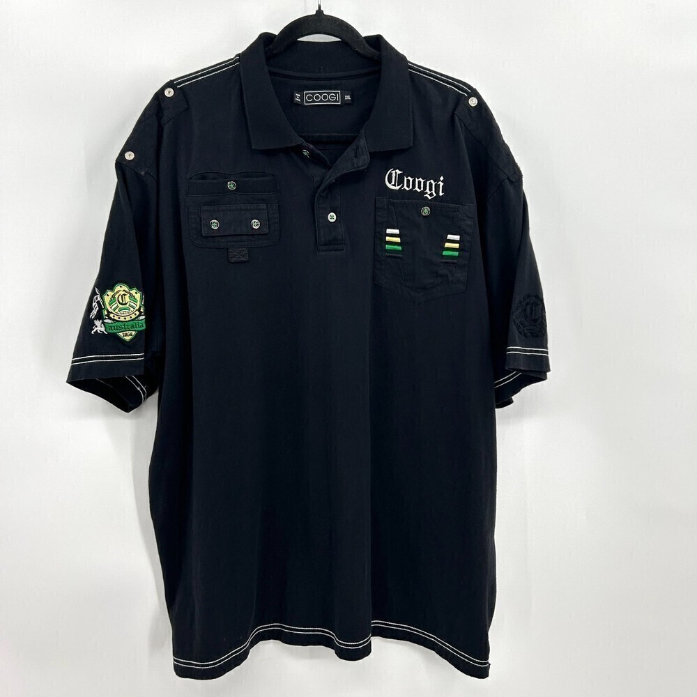 COOGI Men's Black Green Yellow Crest Embroidered Cotton Polo Shirt Size XXL